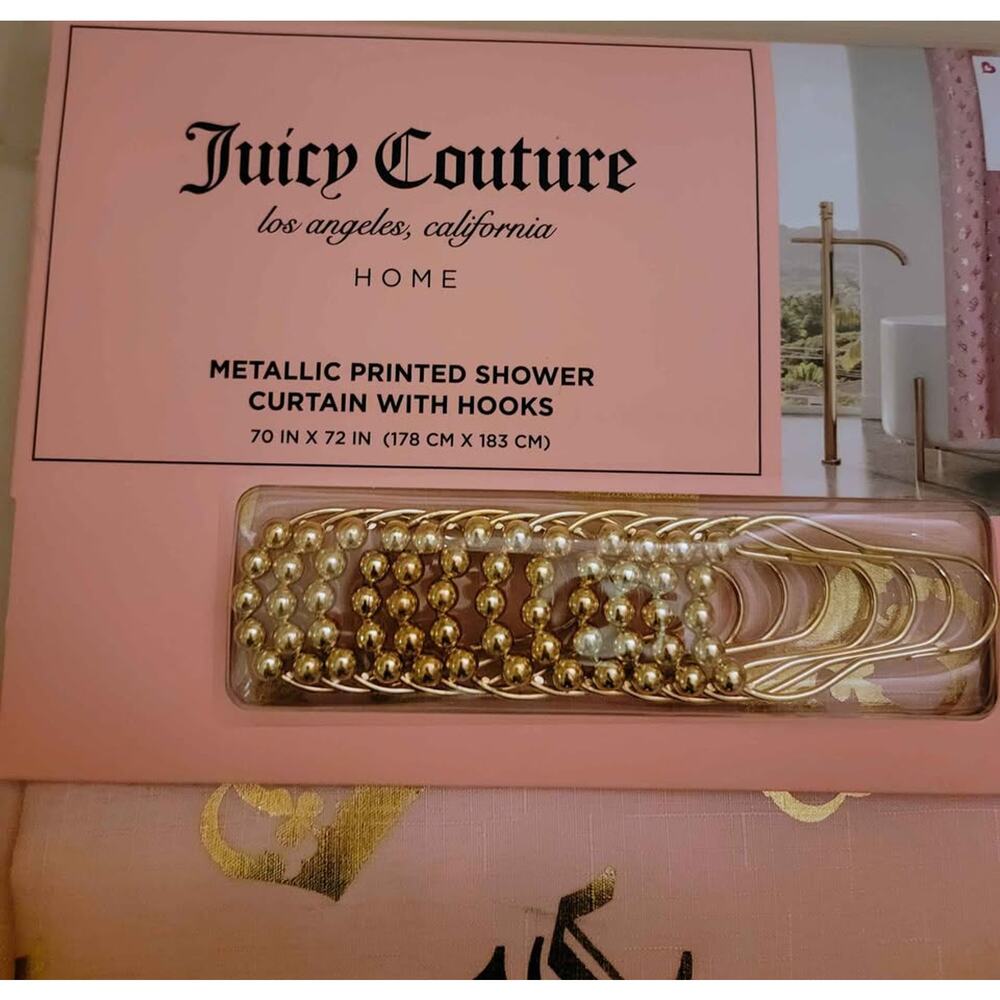 Shower Curtain Set Juicy Couture Glam New Pink Gold Crowns Hearts Logos